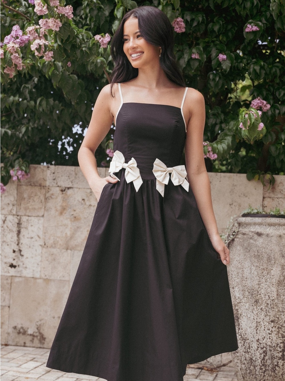 NWT Petal and Pup Black Tia Midi Dress Square Neck Bow Accent Spaghetti Strap
